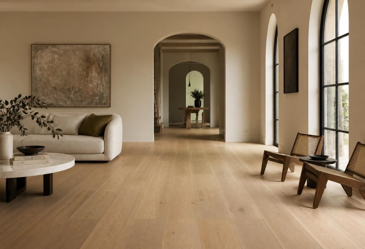 Wide-plank oak floor in a calm interior