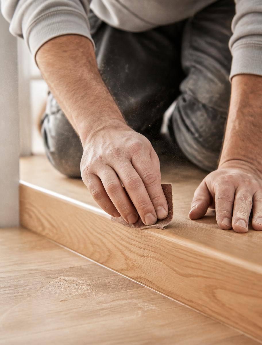 Hand sanding a floor edge