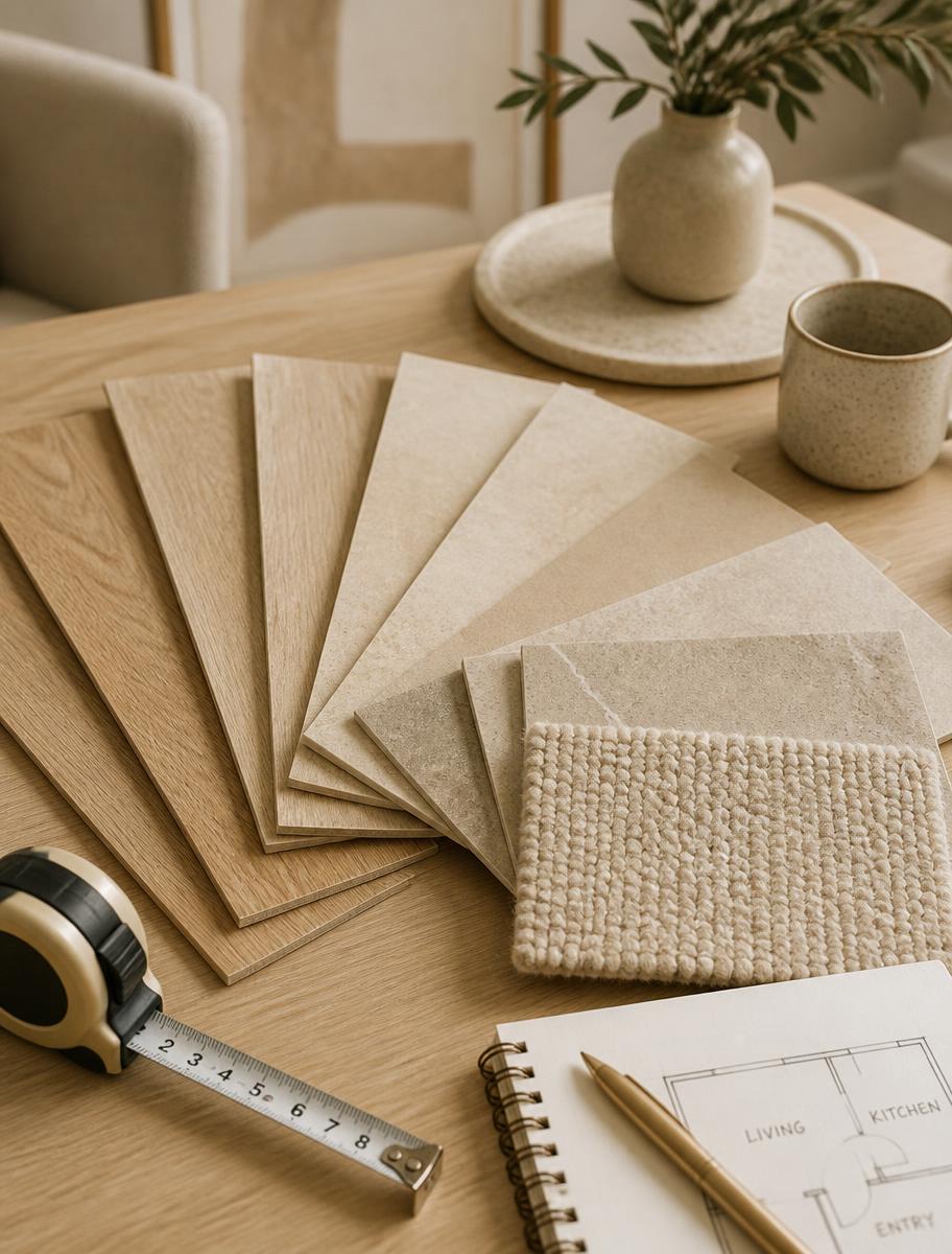 Flooring samples laid out on a table