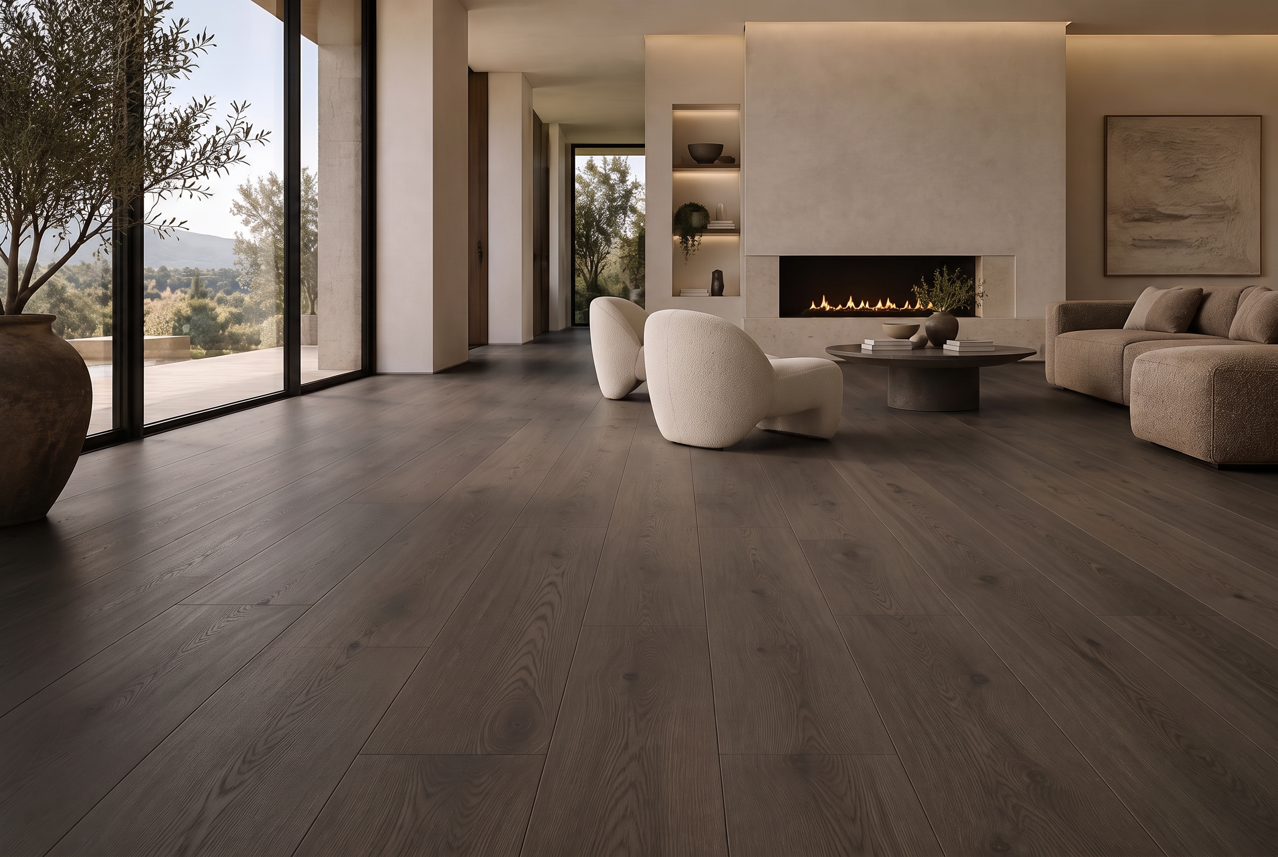 Living room with smoked hardwood flooring