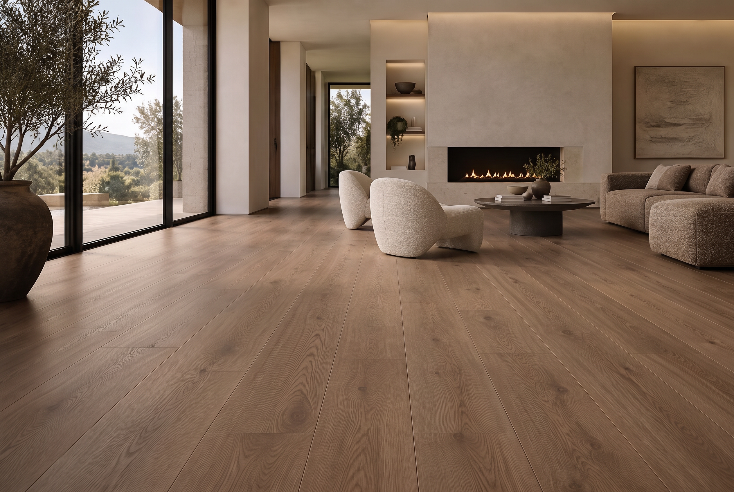 Living room with warm walnut engineered flooring